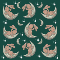 seamless pattern with christmas angels bunny sleeps on the moon,stars,flowers,hearts,baby,congratulations 