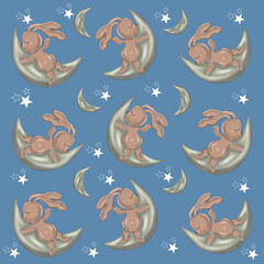 bunny sleeps on the moon,stars,flowers,hearts,baby,congratulations seamless background with zodiac signs