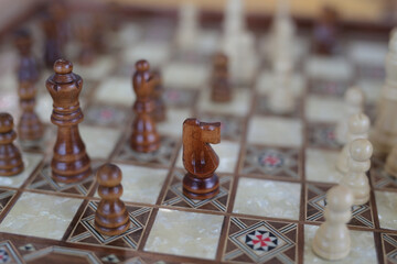 beautiful, stylish chess board is on the table, preparation for the chess championship