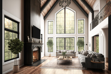 Beautiful living room interior in new luxury home with high vaulted ceiling, loft area, hardwood floors, and fireplace. has a wide bank of windows. Generative AI