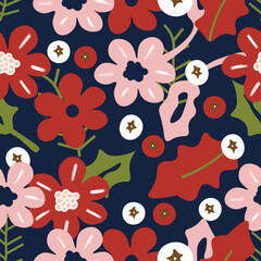 Flowers and berries doodle vector seamless repeat pattern