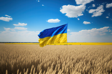Blue yellow flag of Ukraine is seen atop mature wheat. Ukrainian wheat field is yellow. Ukraine's national holiday is flag day. Generative AI