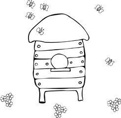 Doodle beehive with bees and flowers