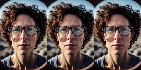 Age reversal process active brunette outdoor close-up portrait , short curly hair and glasses, stages from 55-35 years old, skin looks younger, less wrinkles and brown spots, made with AI Generative