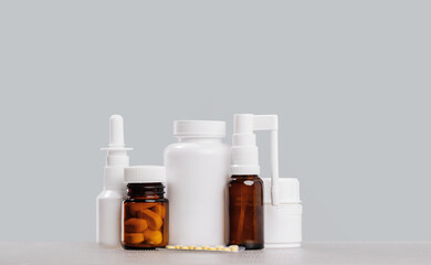 pharmacy order delivery banner. prescription drugs and over the counter medication. Pills jar and spray mockup vial containers on grey. Drugstore shopping copy space