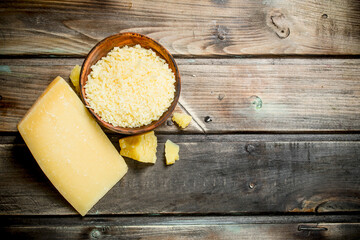 Grated Parmesan cheese in bowl.