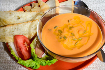 Famous vegetables cold soup from Cordoba, Andalusia salmorejo served cold in cafe for lunch as starter dish