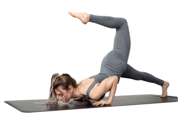 Athletic slim woman doing exercises on a mat, isolated transparent background.