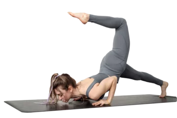 Zelfklevend Fotobehang Athletic slim woman doing exercises on a mat, isolated transparent background. © muse studio