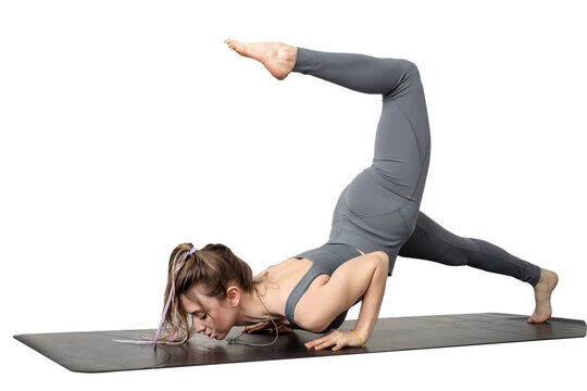 Athletic slim woman doing exercises on a mat, isolated transparent background.