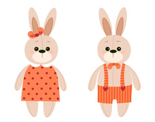 Vector hand-drawn illustration of a cute stuffed rabbit in clothes. Gift toy for Valentine's day, birthday, Christmas, holiday. Doodle.