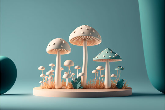3d mushroom background blue white generative ai