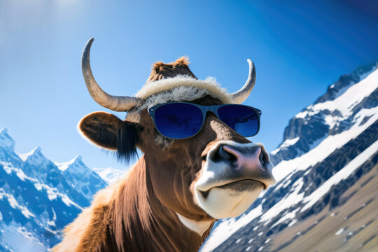 Lustige Kuh mit Sonnenbrille in den Bergen - Generative AI