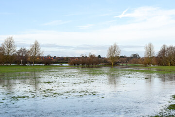 Flood water in a public park after the river banks burst from heavy rain