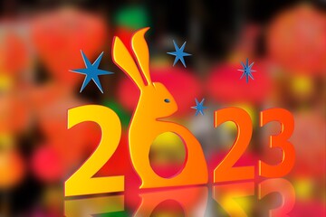 3D 2023 year of the rabbit Chinese zodiac symbol on red lantern background	