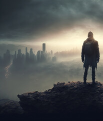 Fototapeta premium Back view of a man in a post apocalypse style. Dystopian city with the silhouette of a survivor overlooking the desolate destroyed skyline.