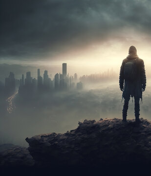 Back view of a man in a post apocalypse style. Dystopian city with the silhouette of a survivor overlooking the desolate destroyed skyline.