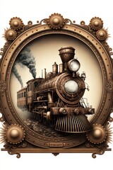 Train illustration with steam punk picture frame. Made with Generative AI