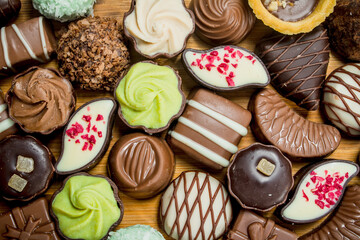 Chocolates candies with different fillings.