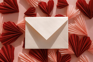 Happy Valentine's day! Stylish envelope with pink and red hearts flat lay on pink paper background....