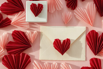 Obraz premium Happy Valentine's day! Stylish envelope with pink and red hearts and gift flat lay on pink paper background. Modern valentine card with heart cutouts. Love letter. Creative composition