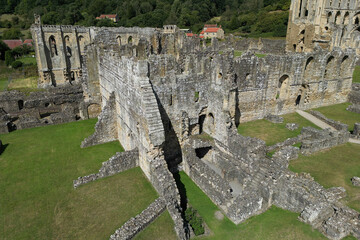 aerial view of Rievaulx Abbey,  ruins of a Cistercian abbey in Rievaulx Village,  North Yorkshire....
