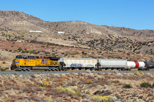Union Pacific Railroad freight train at Cajon Pass near Los Angeles, United States
