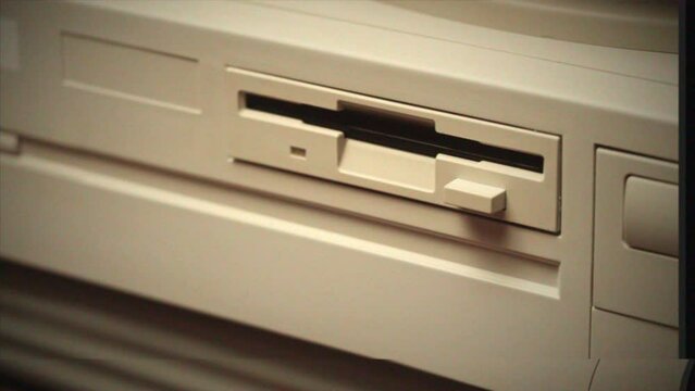 Vintage Retro PC, Using cd diskette for old computer. Music recorder, playing retro computer games. Vintage device for office, obsolete technology. 