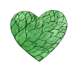 Watercolor heart with green leaves and plants on a white background. Environmental protection. Taking care of nature. Love.