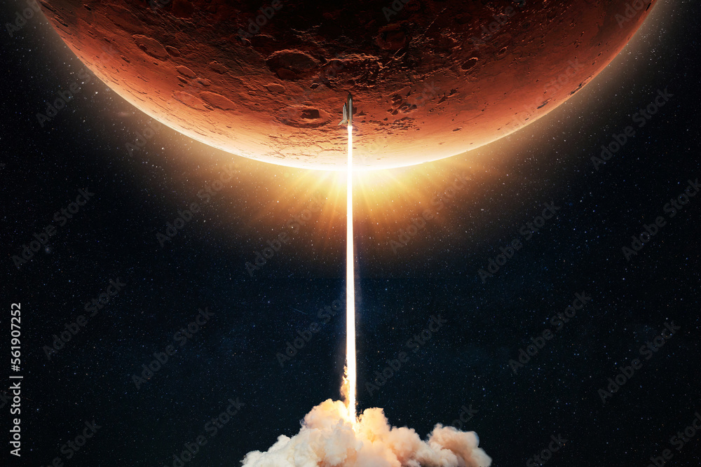 Poster new space shuttle rocket with a blast takes off into space against the background of the red planet 