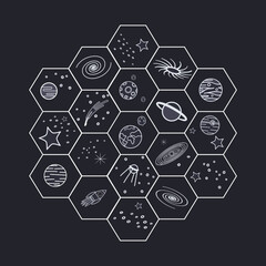 Mirror glass of the James Webb Space Telescope. Planets, galaxy, stars, solar system, satellite.