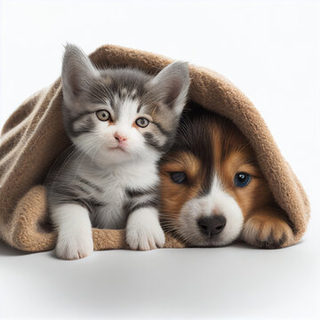 Cute puppy and kitten under brown warm blanket on white background. Generative AI
