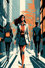 Women Empower, walking on street, Concept Illustration, Working Life, Mid-Century Modern Art, Generative AI.