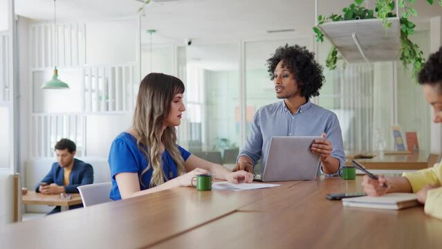 Confident Black Business Man Showing Project To Transgender Client In Office Cafe.