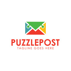 Puzzle Post Logo Design Template with mail icon and puzzle game. Perfect for business, company, restaurant, mobile, app, etc
