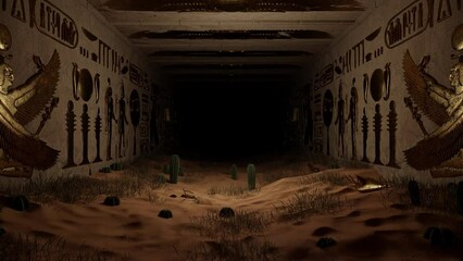 Egyptian desert pyramid tunnel with wallpaintings ancient civilisation hieroglyphs pharaoh buildings trippy 3d vj loop background abstract animation african architecture 