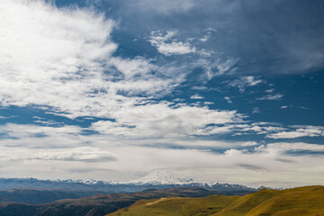 A winding mountain road to the Djily Su tract with beautiful views of the Elbrus peaks.