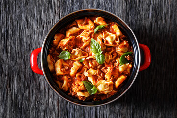 tortellini in ground beef tomato sauce, top view