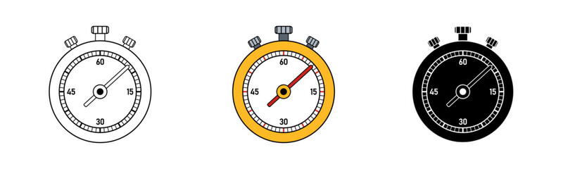 Simple minimalism icons of sport stopwatch. Linear, colourful and silhouette vector illustration in flat style