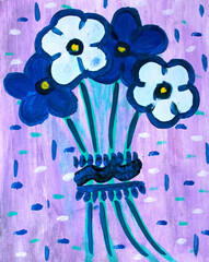 Primitive style painting of a bunch of yellow and blue daisy-like flowers on a lilac background
