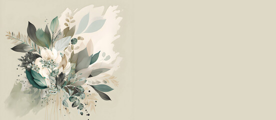 Watercolor Green Fresh Flowers Banner. Boho Aesthetic. Home decor Ivory Beige design. Generative AI