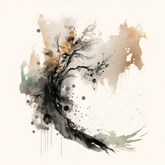 Watercolor Sumi-e Boho Ivory Tree illustration. Home decor Beige design. Generative AI