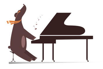 Funny bear a pianist illustration. Cartoon bear is playing music on piano and singing. Isolated on white background 