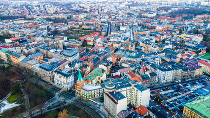Krakow city from above, aerial view of old city center view in Krakow at morning time, main square,...