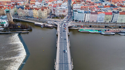 Prague, Czech Republic - Aerial panoramic drone view of the world famous Charles Bridge (Karluv...