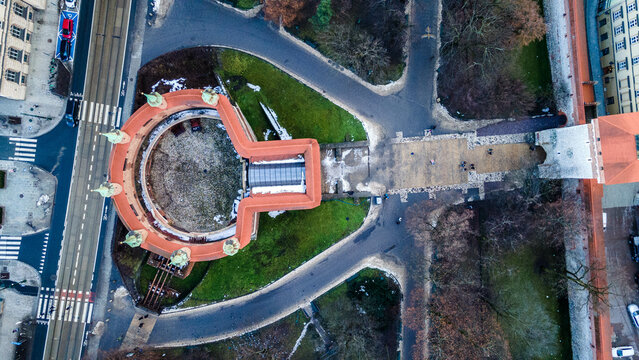 Krakow city from above, aerial view of old city center view in Krakow at morning time, main square, famous cathedral in sun light