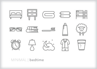Set of bedtime line icons for getting ready to go to sleep at night