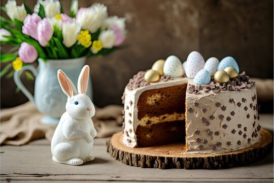 Traditional Easter cake on a light wooden background with cute white bunny, AI assisted finalized in Photoshop by me 