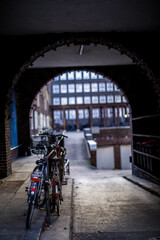 bicycle parked on a bridge in old warehouse district Speicherstadt in Hamburg, Germany