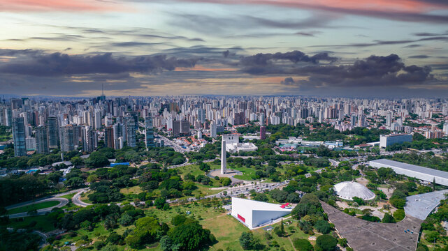 Aerial view of Ibirapuera Park in S&atilde;o Paulo, SP. Residential buildings around. Lake in Ibirapuera Park